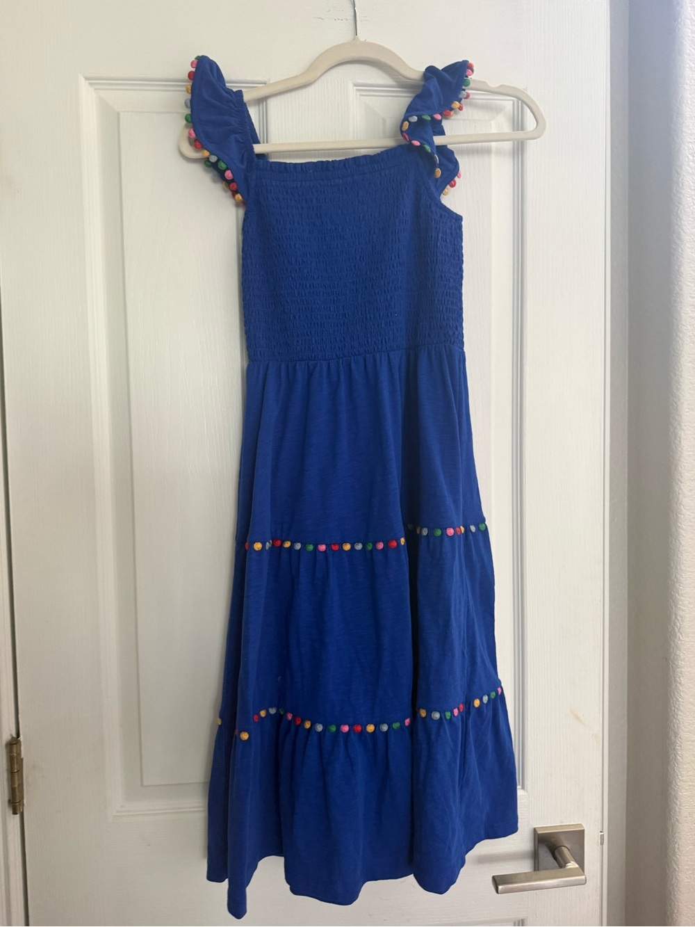 Mini Boden Cobalt Blue Sundress with Multicolor Pom-Pom Trim